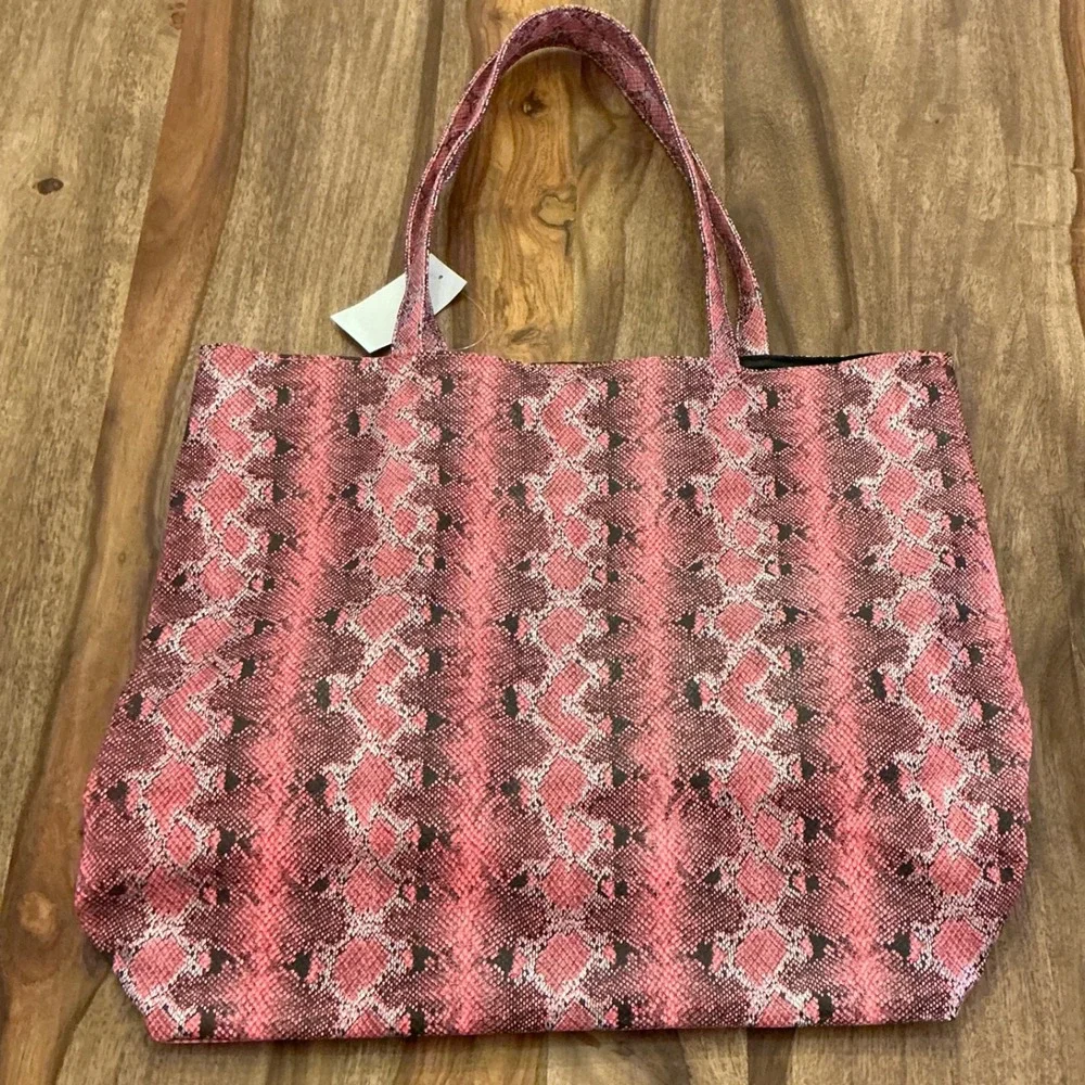 Saks Fifth Avenue Pink Snake‎ Print Tote Bag Faux Leather Large Shoulder Bag